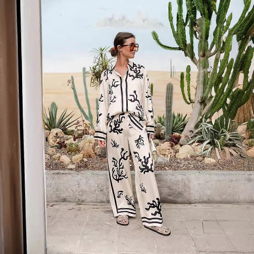 Printed color-block satin holiday loose casual two-piece suit