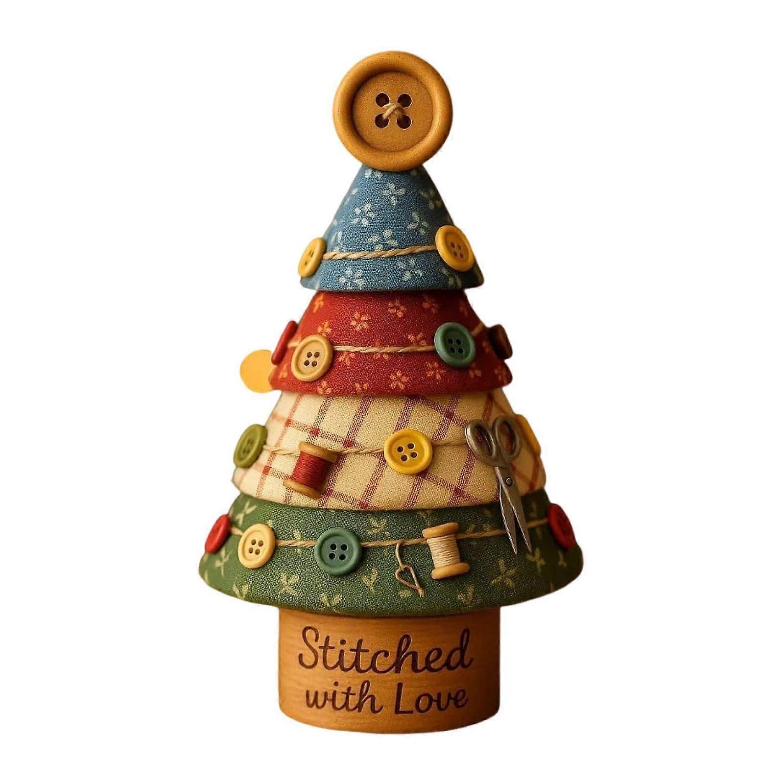Fabric Christmas Tree Figurine Handmade Multi-Layer Xmas Tree Ornament with Buttons Scissors And Star Topper Holiday DIY Patchwork Craft for Home Offi