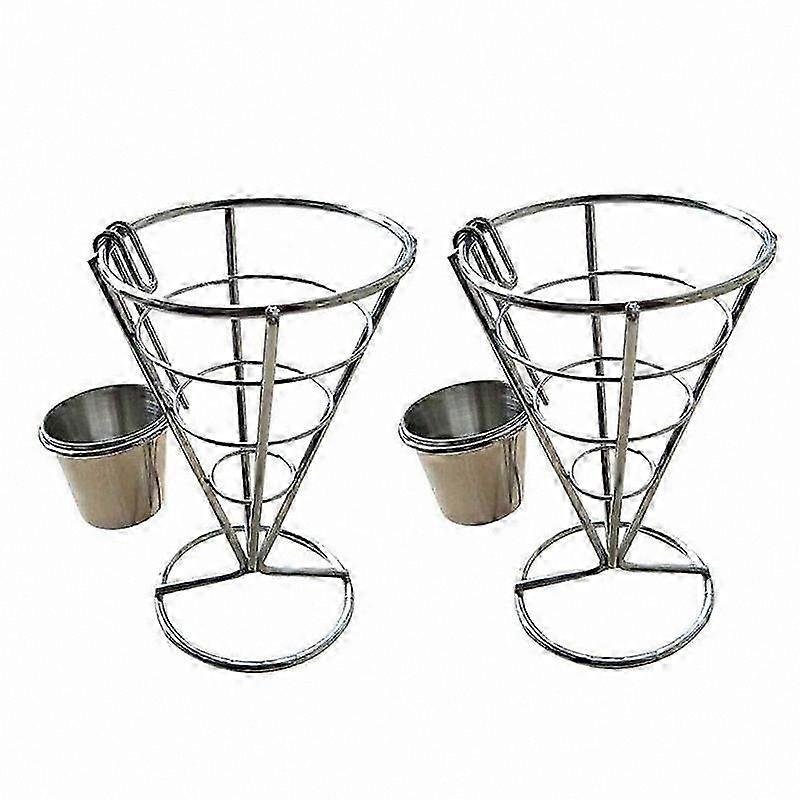 2-Pack Metal Cone Basket Fry Holders with Sauce Dippers and Chicken Display Stand