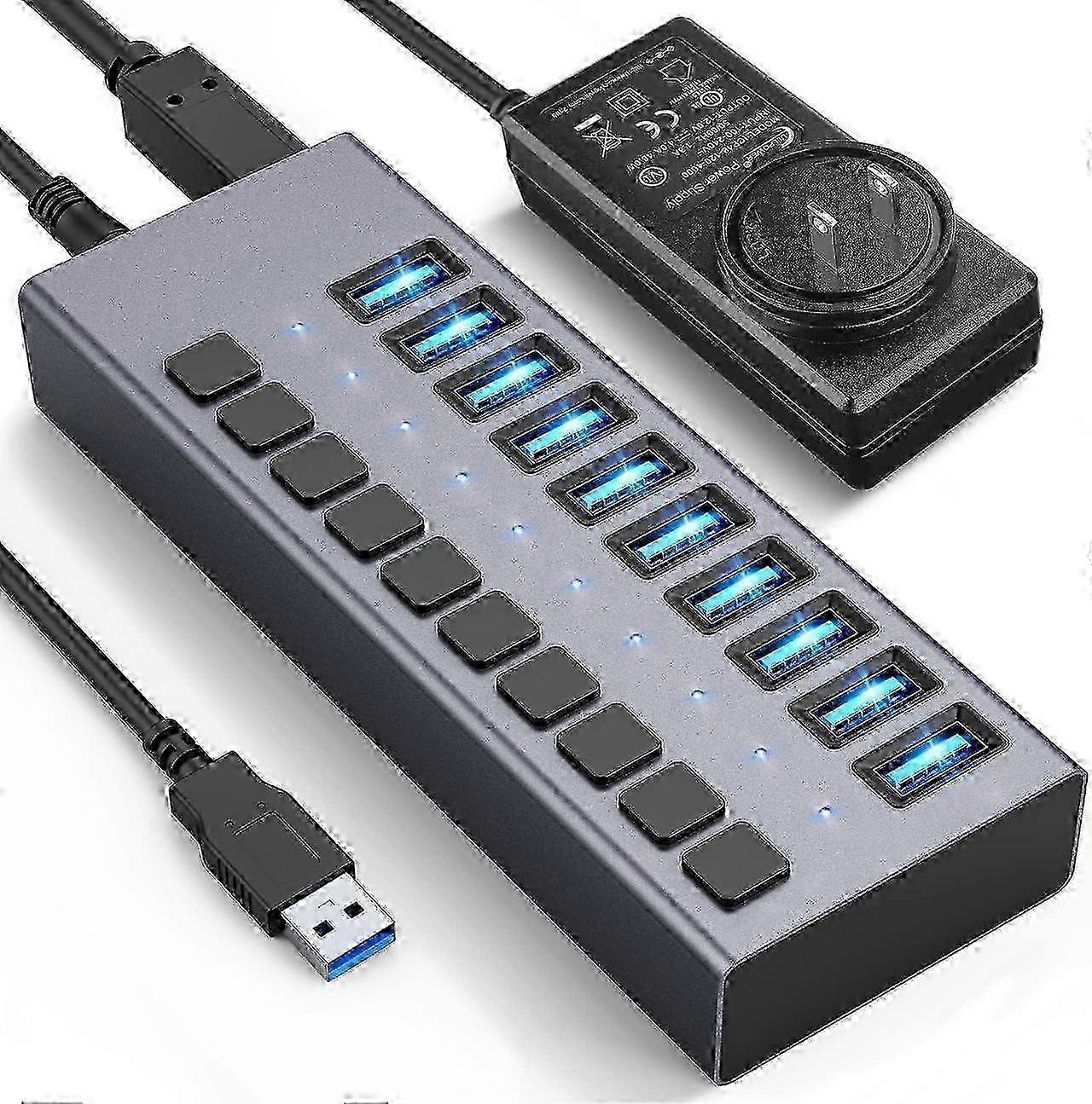 48W Powered USB Hub - 10 Ports USB 3.0 Data Hub - with Individual On/Off Switches and 12V/4A Power Adapter USB Hub 3.0 Splitter for Laptop,