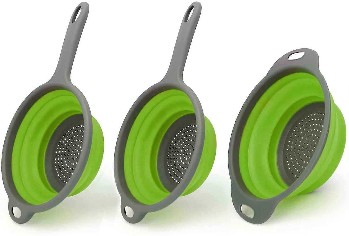 Foldable Silicone Strainer 3pc, Green - Food-Grade Collapsible Colander with Handle, Space-Saving Kitchen Strainer (Compatible with Bonison)