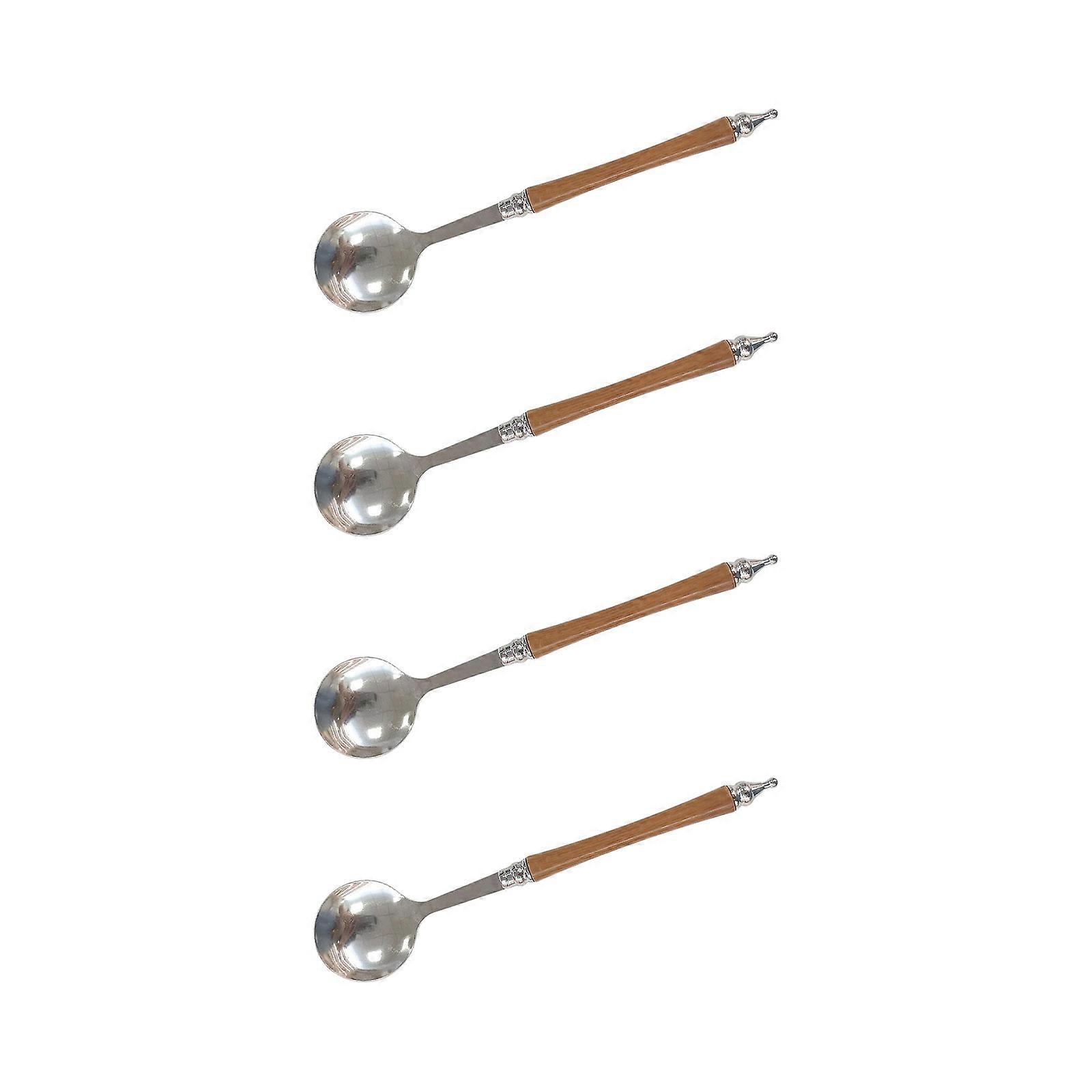 Modern Stainless Steels Serving Round Spoons With Polishing Wooden Handle Set Of 4 Kitchen Eating Utensils  Silverware  S