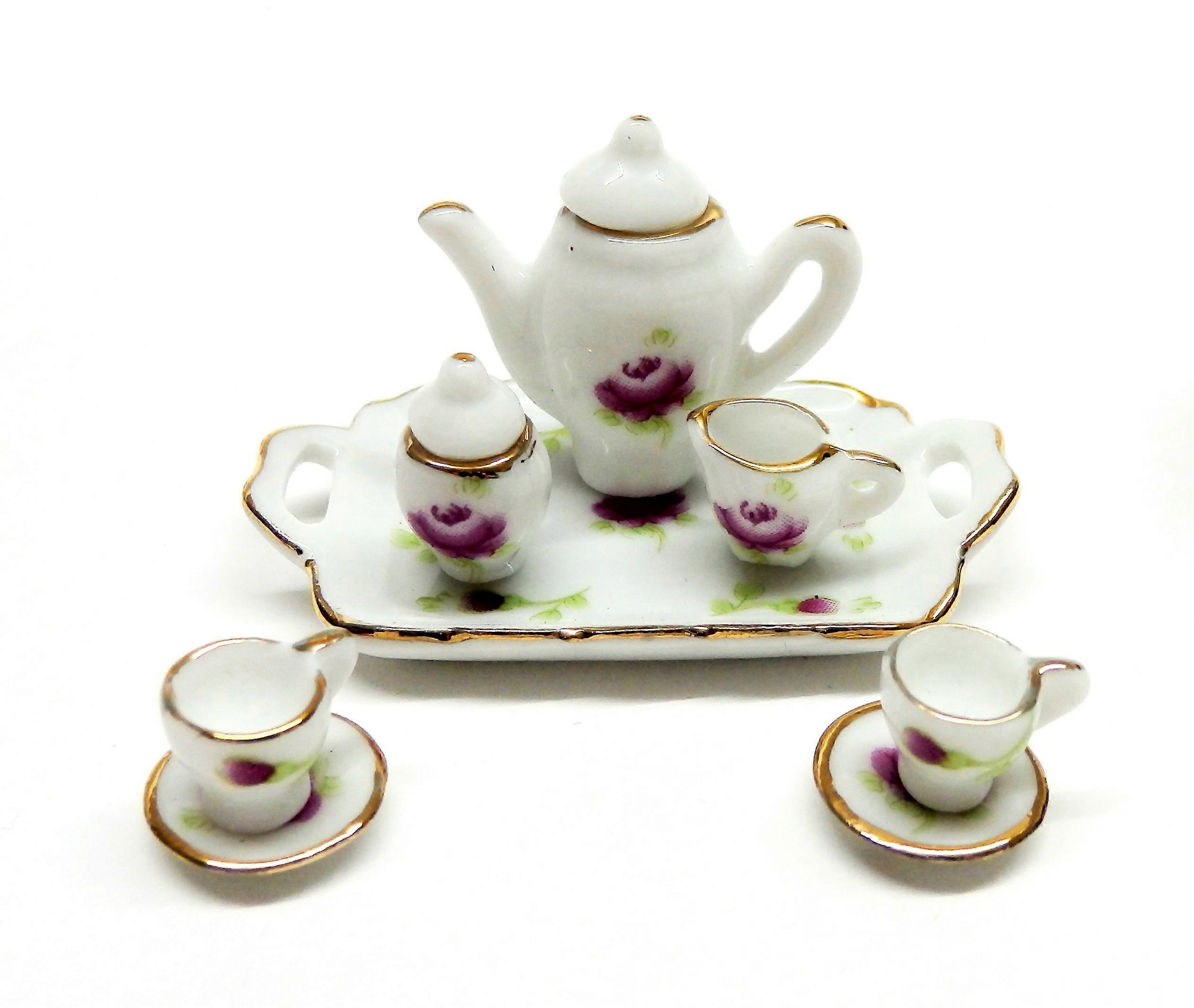 Dolls House 浪漫茶具洋红色玫瑰餐厅配件