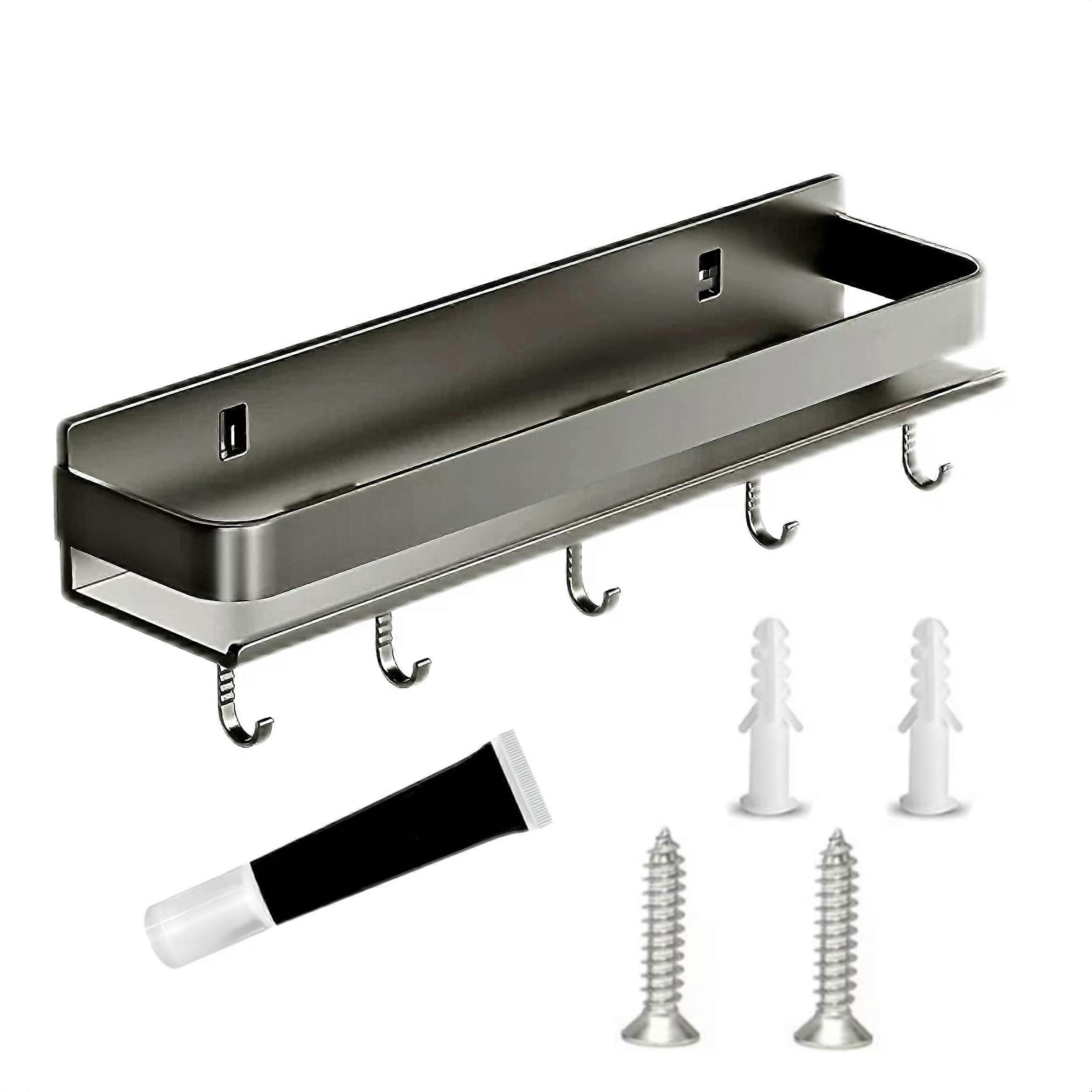 Wall Mounted Spice Rack with Hooks, Carbon Steel Kitchen Organizer, NoDrill SpaceSaving Shelf