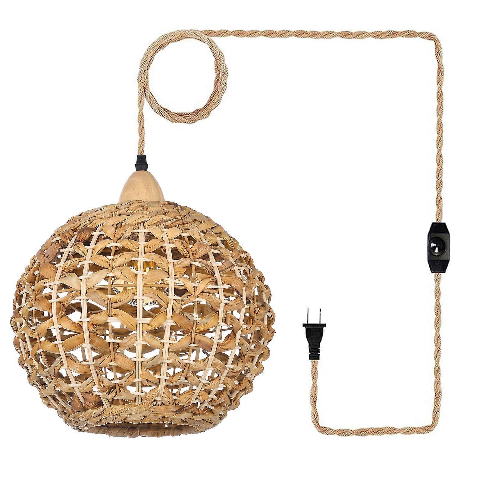 Rattan Pendant Light with Dimmable Switch, Handwoven Boho Hanging Lamp, Adjustable Plugin Cord