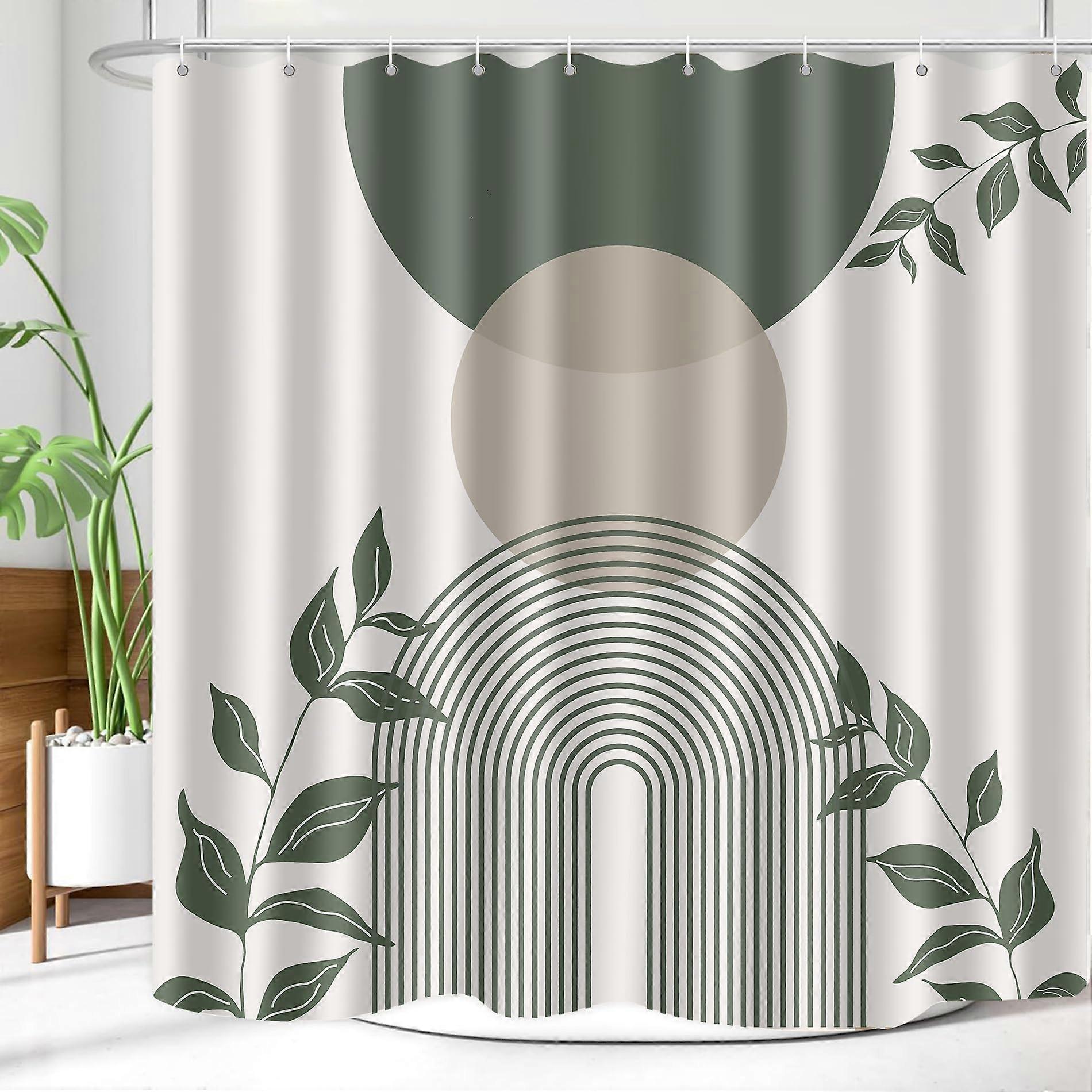 Boho Mid Century Modern Shower Curtain 72x72 Green Waterproof Polyester with Abstract Leaf Design and 12 Hooks
