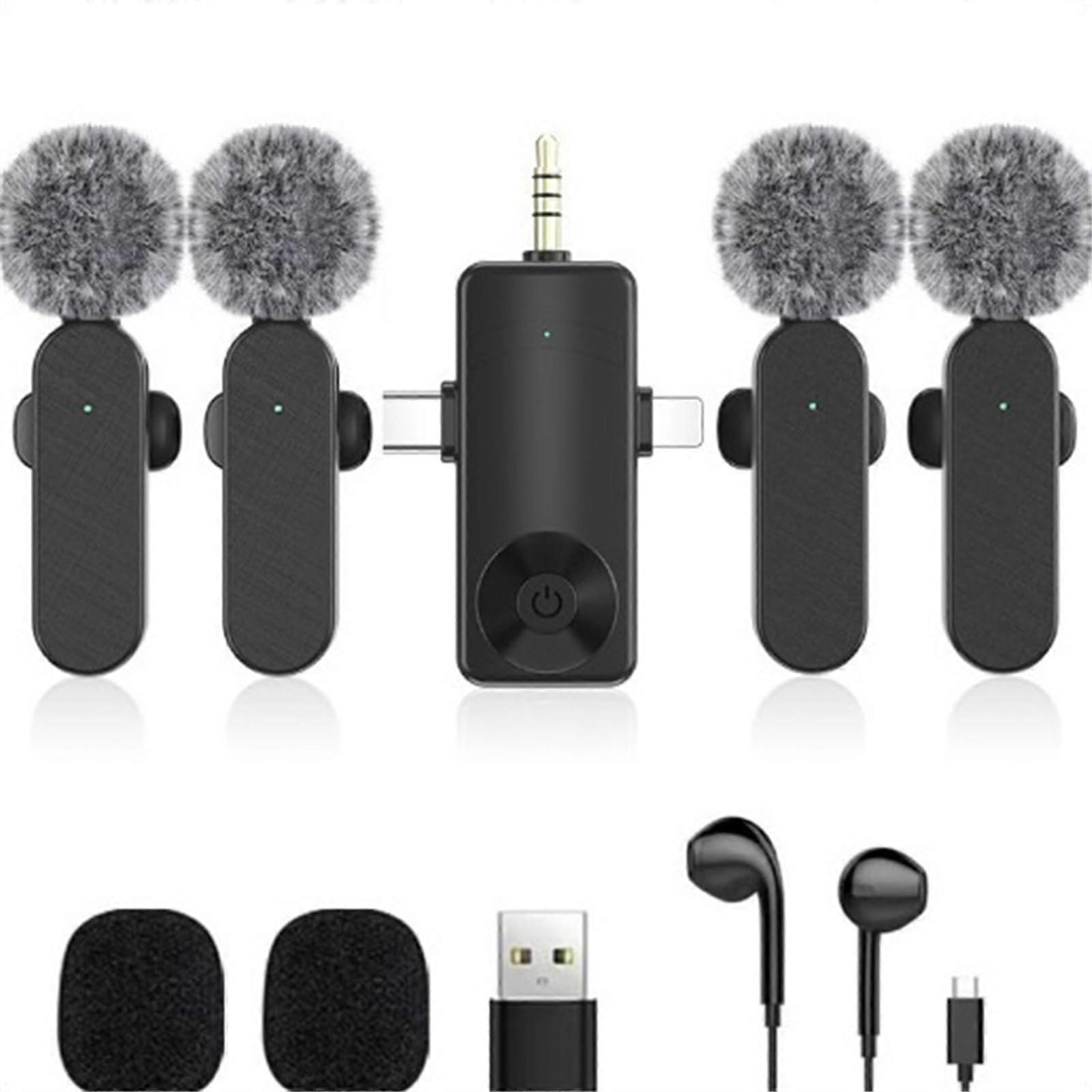 4 in 1 Wireless Lavalier Microphone with Noise Reduction for iPhone Android Camera Live Streaming