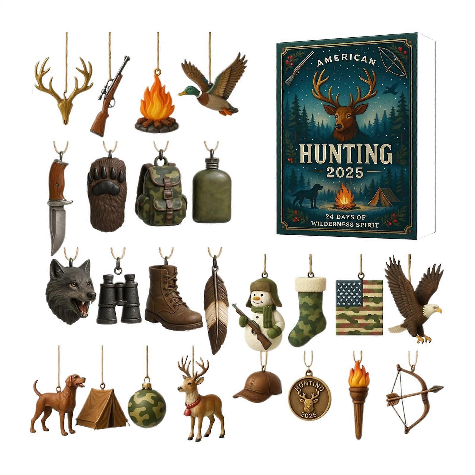 Hunting Theme Christmas Countdown Calendar with 24 Day Daily Ornament Reveal  Set