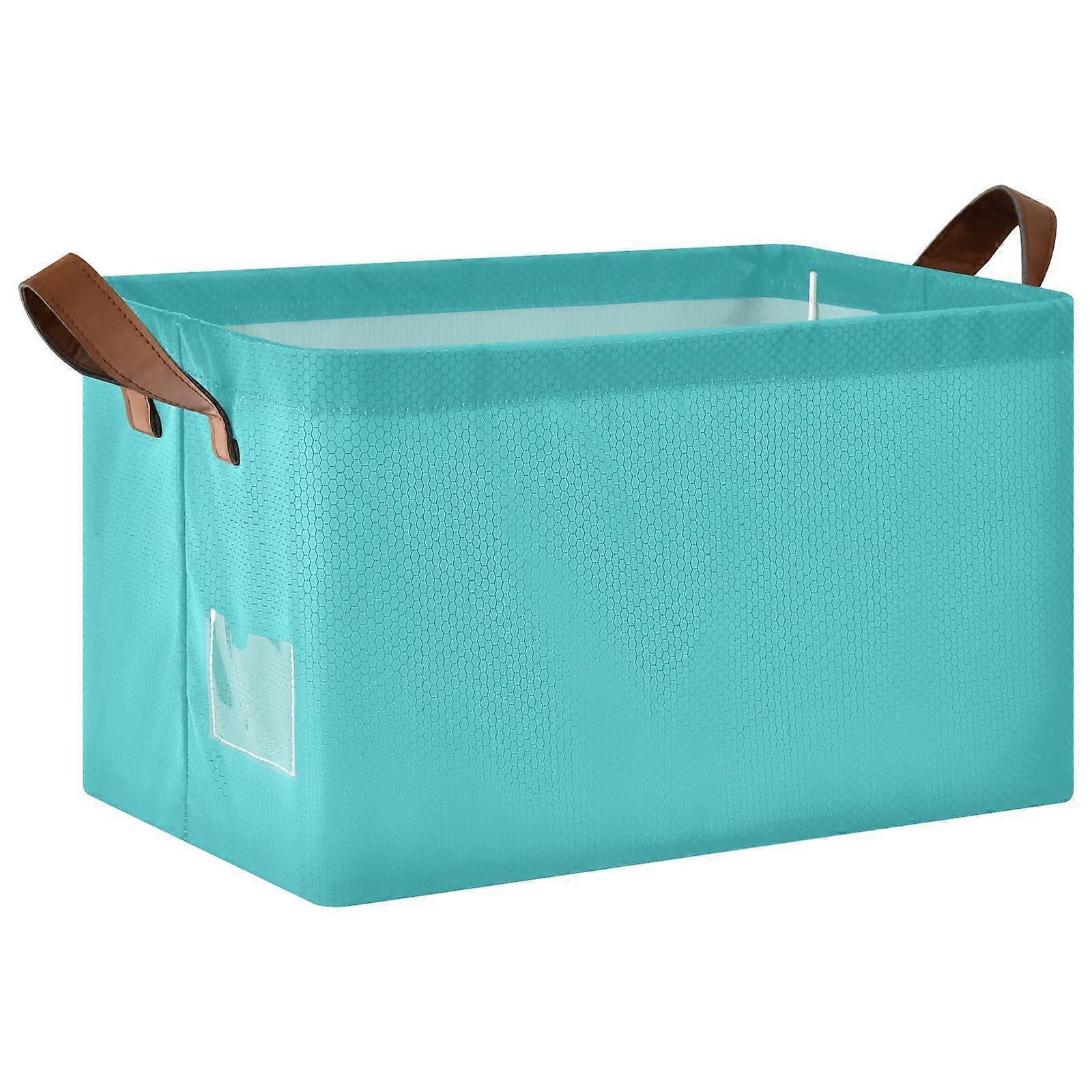 Large Turquoise Collapsible Storage Bin with Leather Handles, Waterproof Fabric Basket for Closet and Shelves, 1PC