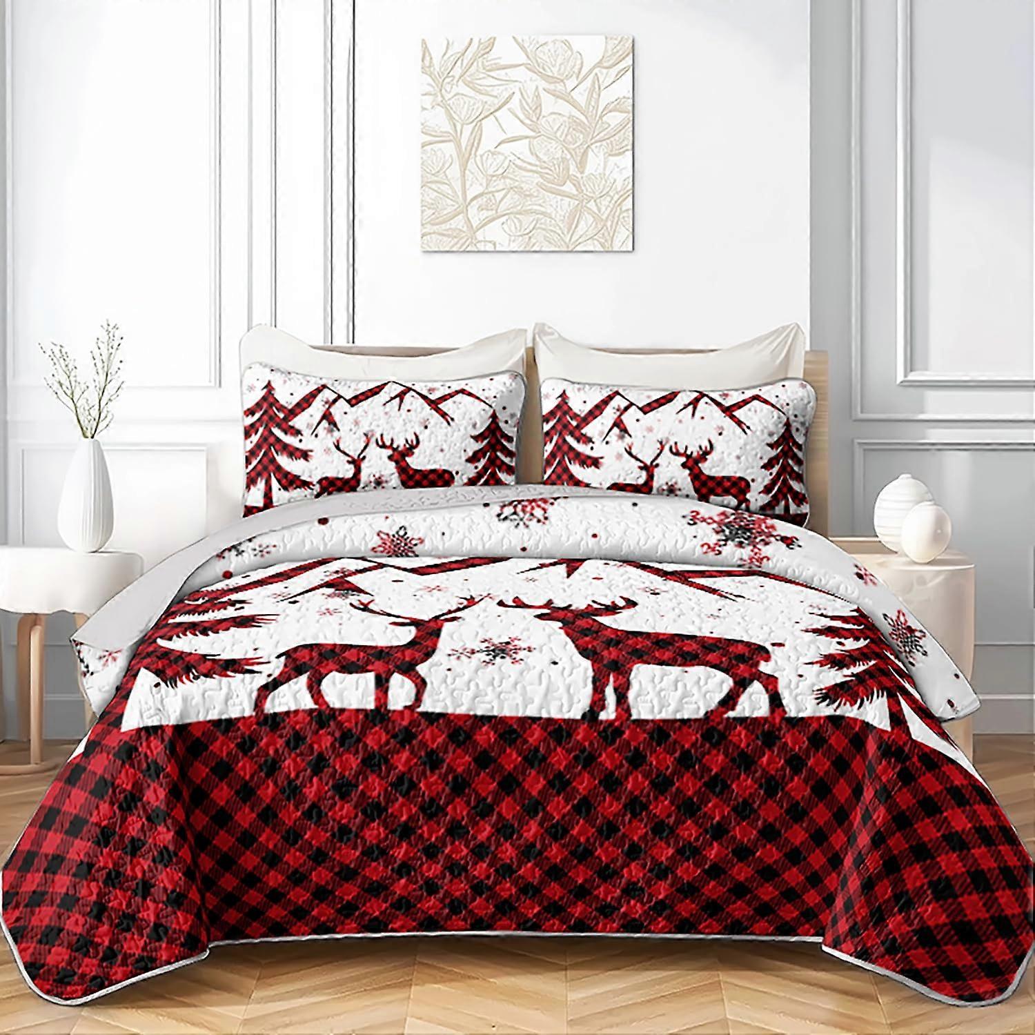 Christmas Quilt Set Twin Size with Reindeer Buffalo Plaid, Soft Reversible Holiday Bedding and Pillowcases