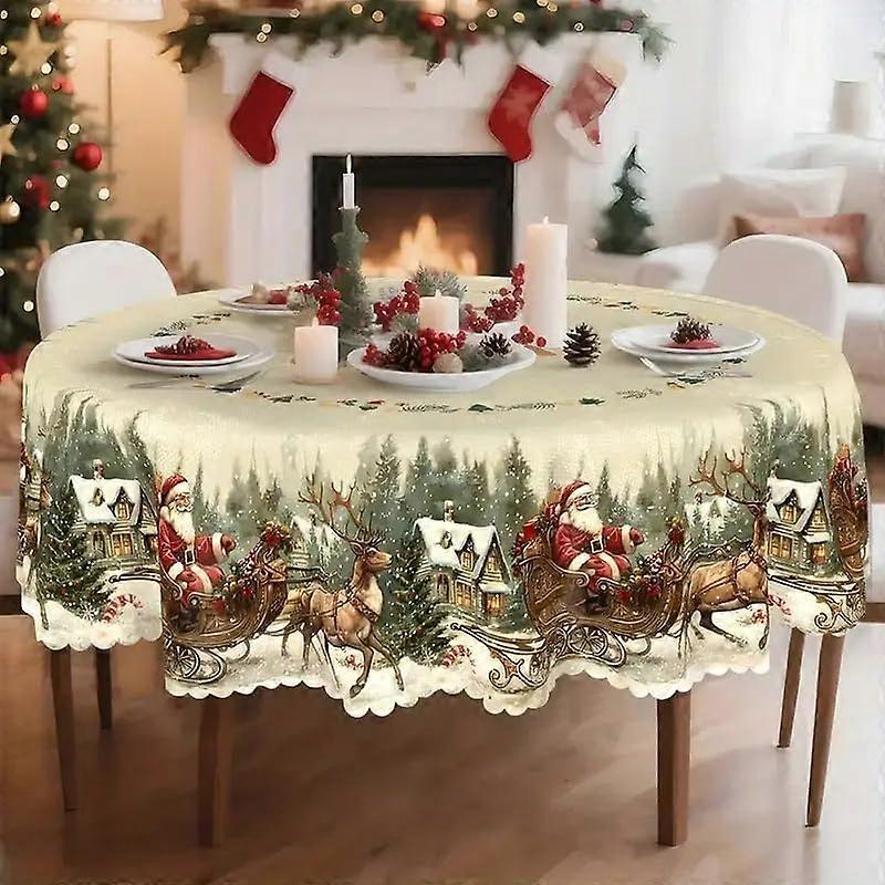 Vintage Christmas Tablecloth with Santa and Reindeer, Scalloped Edges, White 58x70 Inch Rectangular