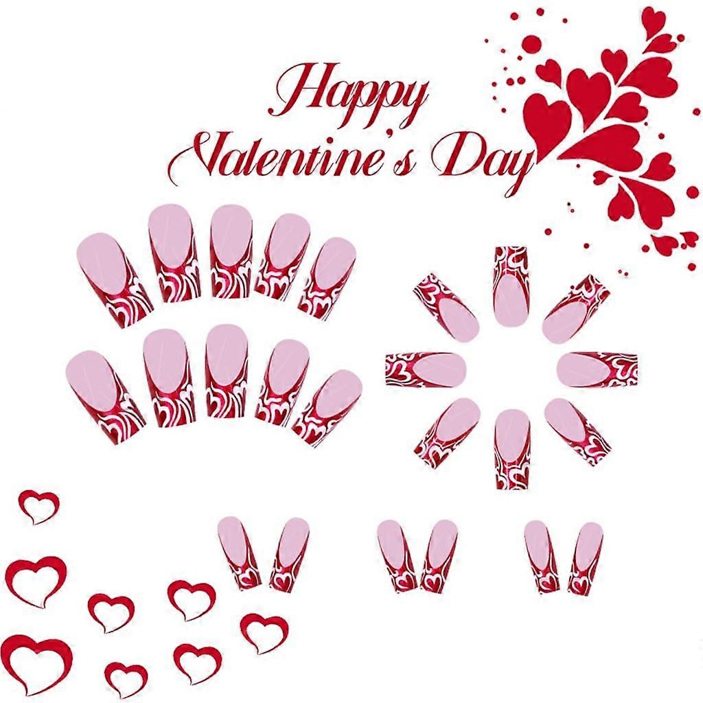 French Tip Press On Coffin Nails with Valentine Heart Accent, Medium Artificial Nail Set