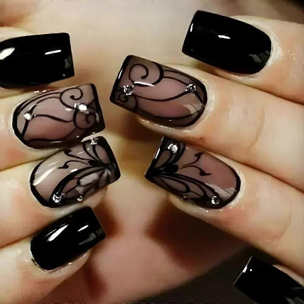 2026 New style 24Pcs Solid Black Short False Nails with Rose Pattern Design Ballerina Square Artific