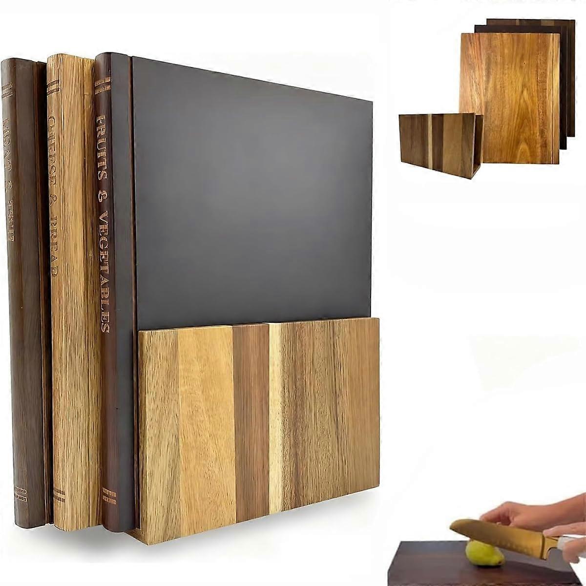 Wood Cutting Board Set Bookstyle Decorative Design, Solid Walnut and Acacia with Upright Stand