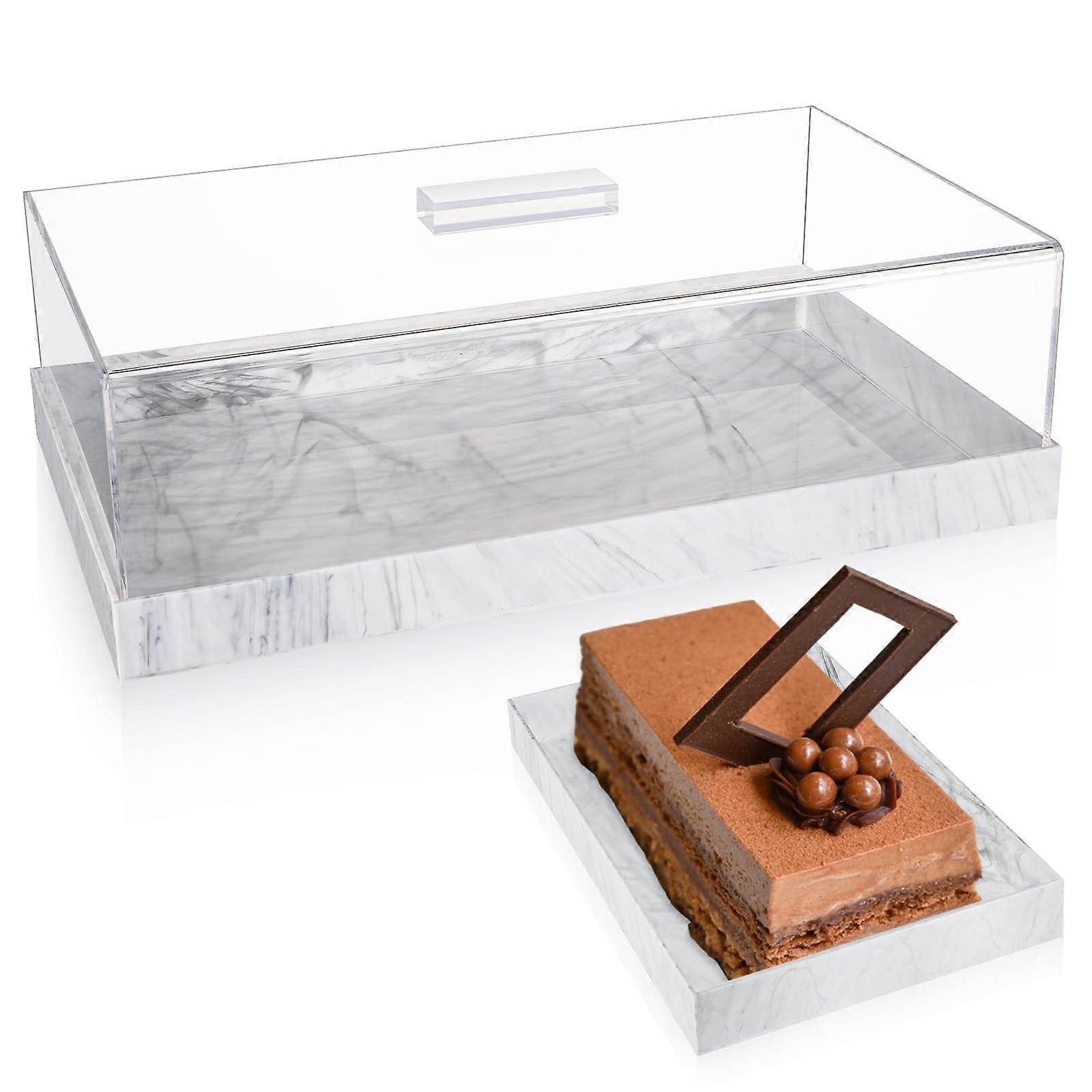 Rectangular Acrylic Cake Stand with Lid Marble Color Dessert Display Tray for Wedding and Parties