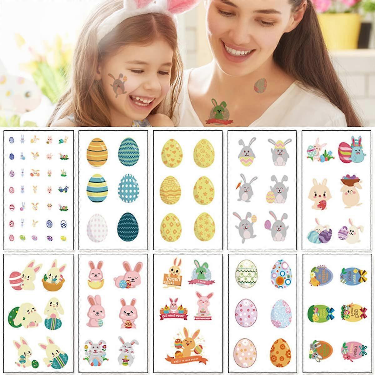 Kids Waterproof Temporary Tattoos for Easter Party, Bunny and Egg Designs, 10 Sheets