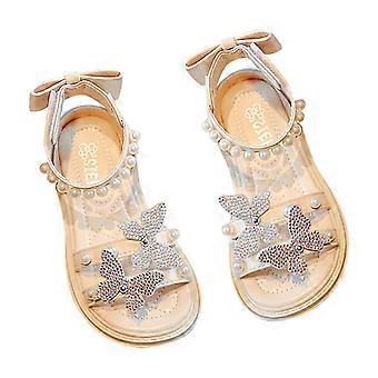 Mädchen-Sandalen, Sommermode, Schmetterlings- und Perlen-Design, offene Zehenpartie, nicht flach, klassische Strand- und Prinzessinnensandalen für Babys, Weiß, 3,5–4 Jahre