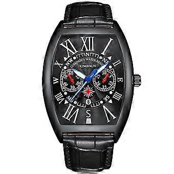 Luxury Black Leather Strap Watch with Roman Numerals and Blue Hands