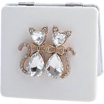 Cartoon Cat Pattern PU Leather Folding Travel Makeup Mirror, Vanity Mirror for Travel and Home, 2x Magnification