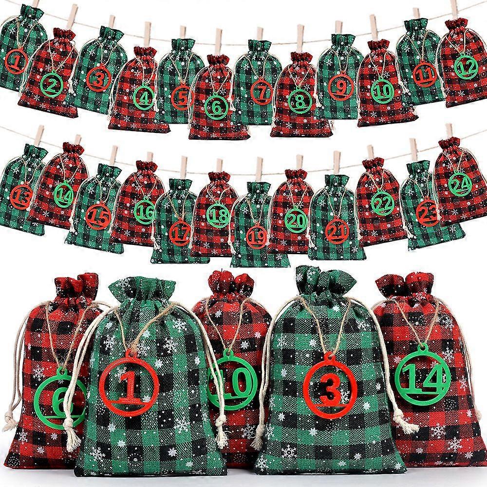 Plaid Linen Advent Calendar Drawstring Bags Set 24 Pack