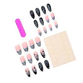 Reusable Manicure Set Blue Black Pattern Long Almond Shape, 24Pcs With 12 Size Options for Daily Styling, Party Looks, and Photo Use Multicolor