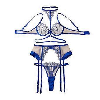 Women's Sexy Blue Shapewear Set Embroidered Mesh Underwire Halter Lingerie Set Thin Breathable Push-Up Bra Set
