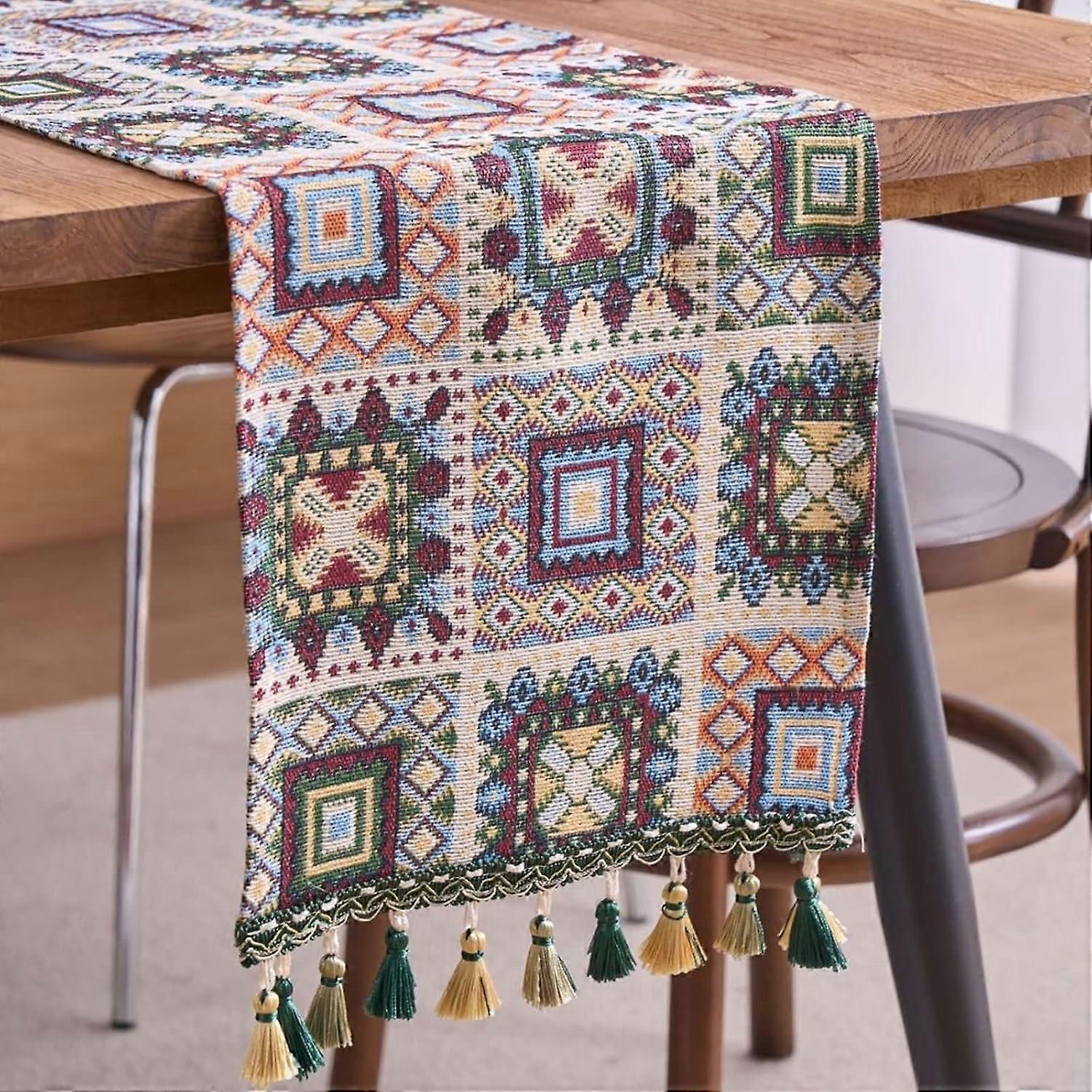 Geometric Blue-Green Table Runner, Polyester Cotton, 33x180cm