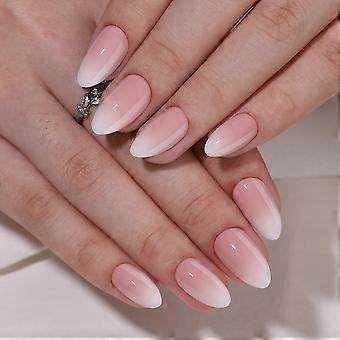 Press On Nails Kit White Ombre Almond Short Soft Gel Reusable 32 Pieces 16 Sizes with Manicure Tools