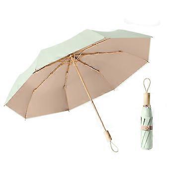 Compact Travel Umbrella UPF 50+ UV Protection Windproof Folding Sun and Rain Parasol with Wooden Handle Green Khaki