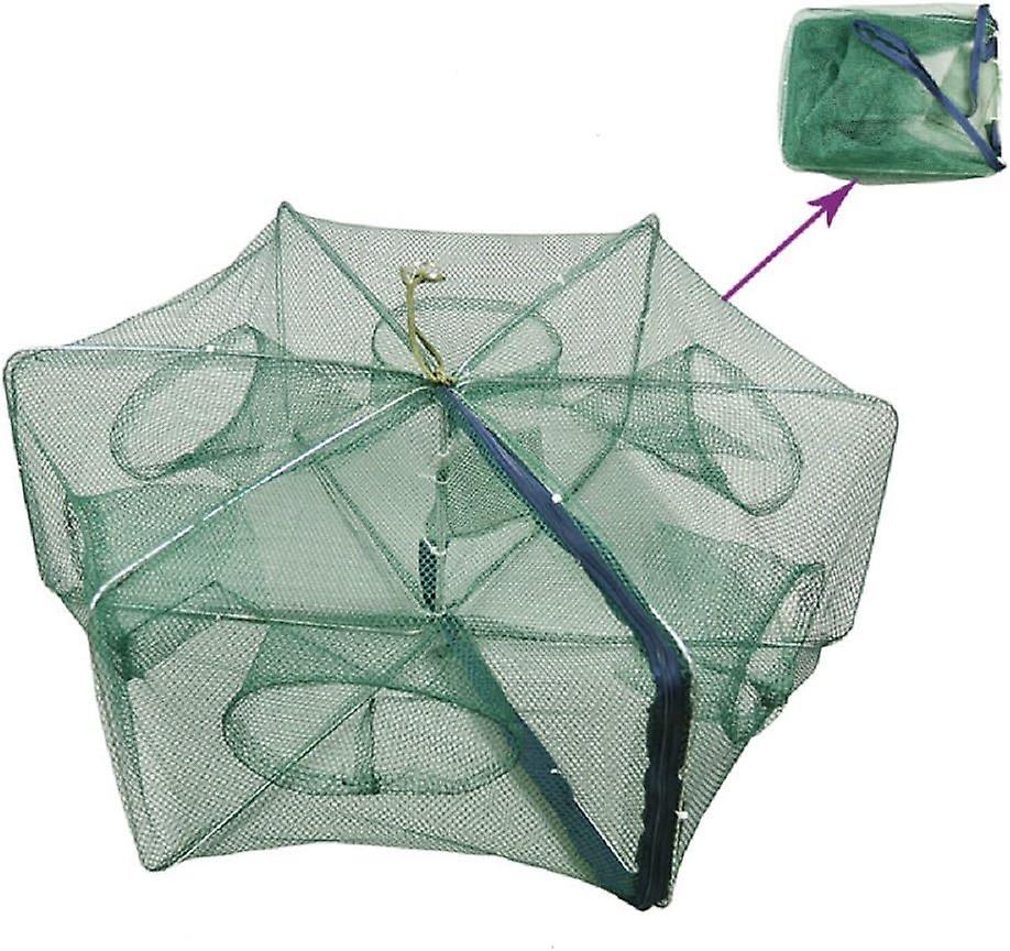 Portable Folded Fishing Net Fish Shrimp Crayfish Crab Baits Cast Mesh Trap Automatic, Easy Use Hexagon 6 Hole Cage