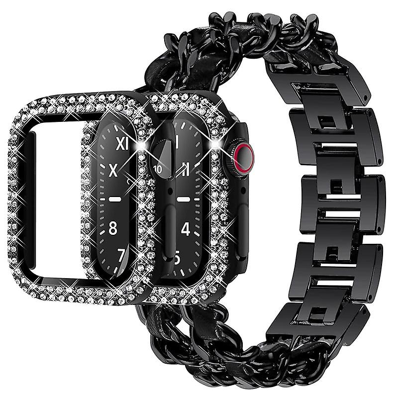 Chain Strap with Double Row Rhinestone Protective Case for Apple Watch Series 1/2/3 38mm Leather