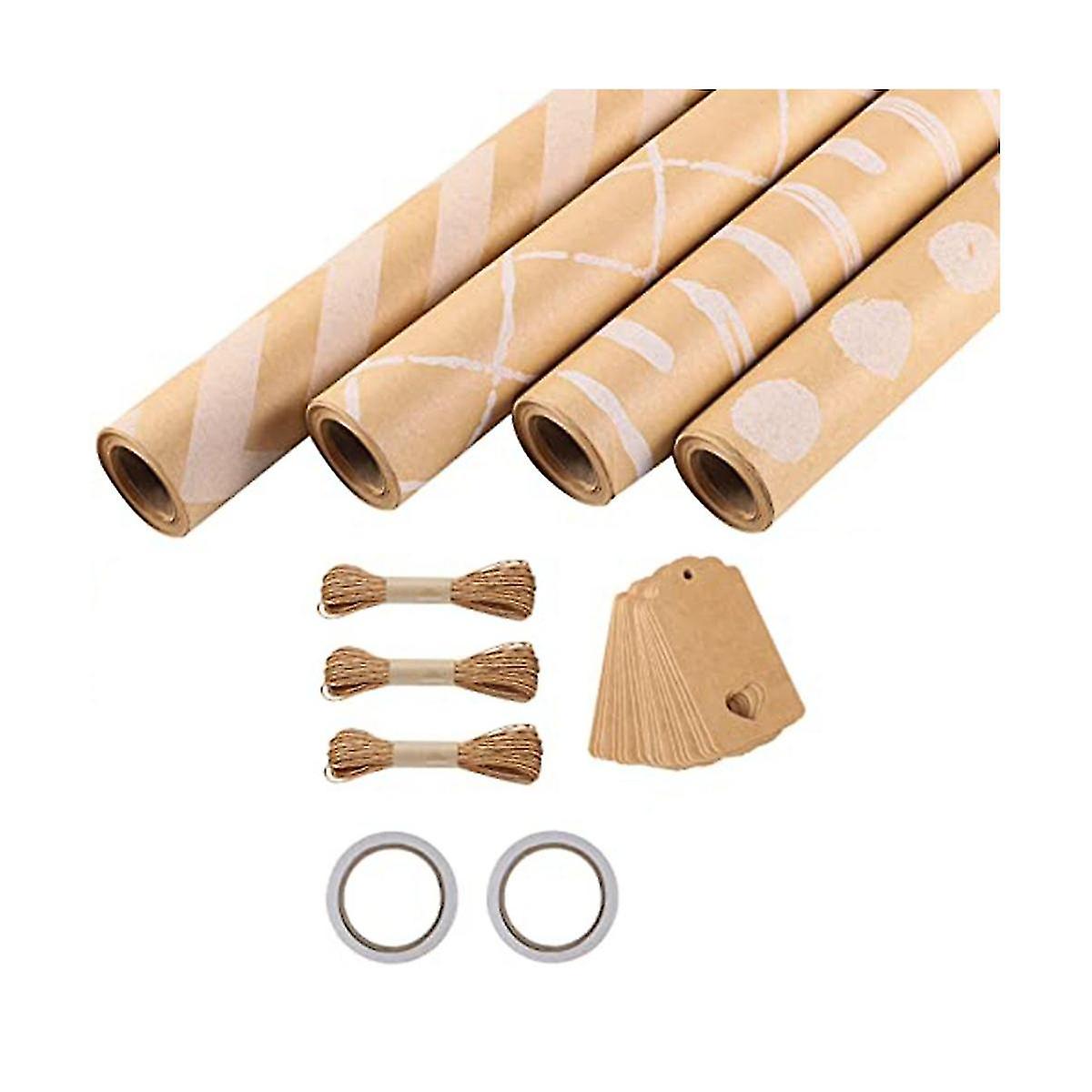 4 Roll Wrapping Paper, 43 x 300 cm/Roll Wrapping Paper Set with 2 Adhesive Tapes, 3 Ropes, 20 Kraft P