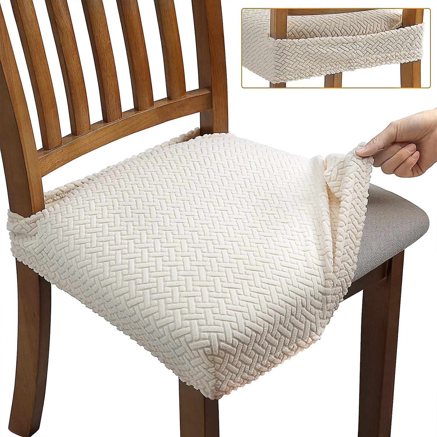 (Beige)6 Pcs Jacquard Stretch Dining Chair Covers Removable and Washable (with Back Straps