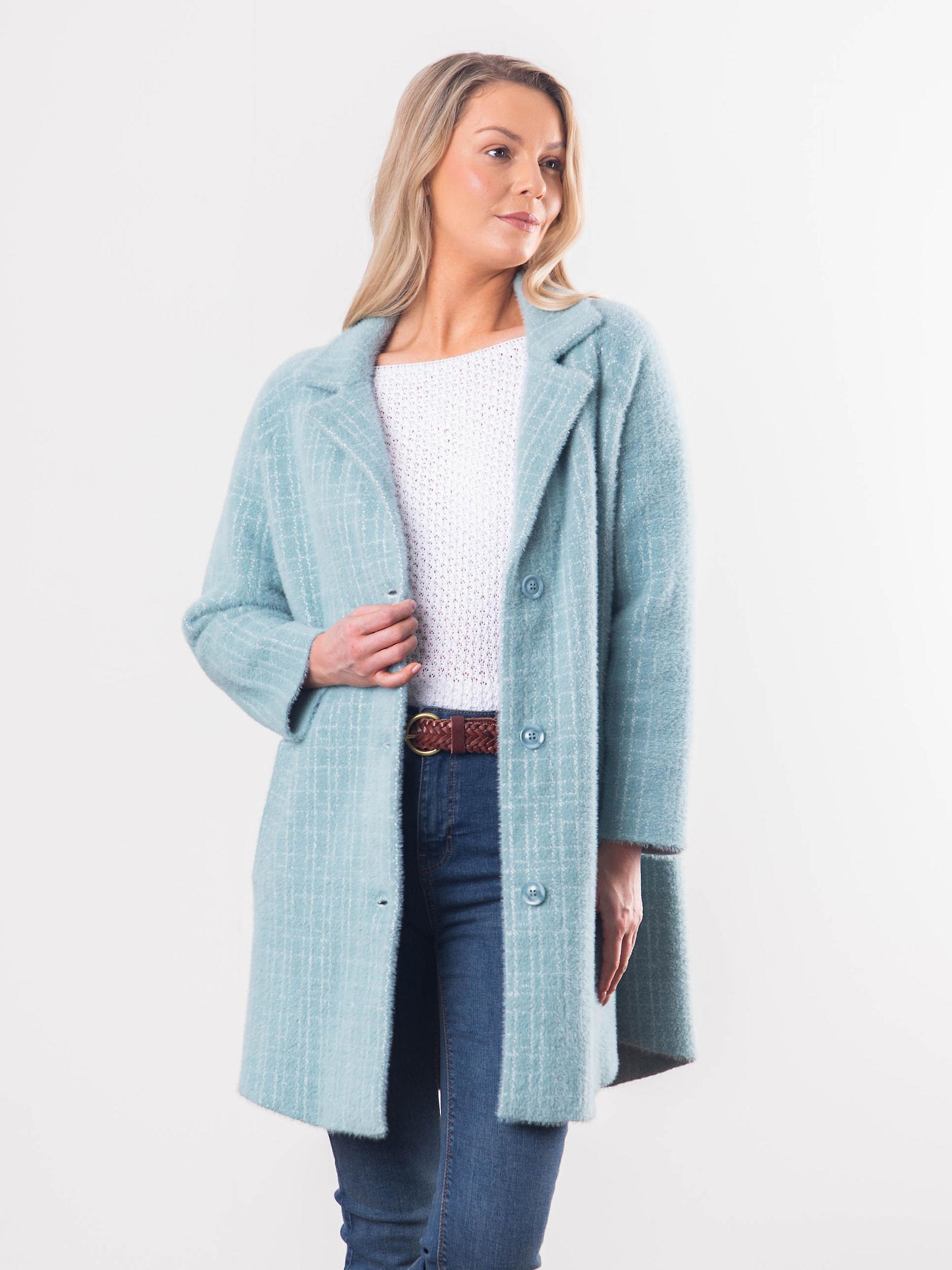 Francis Button Check Coat in Duck Egg 