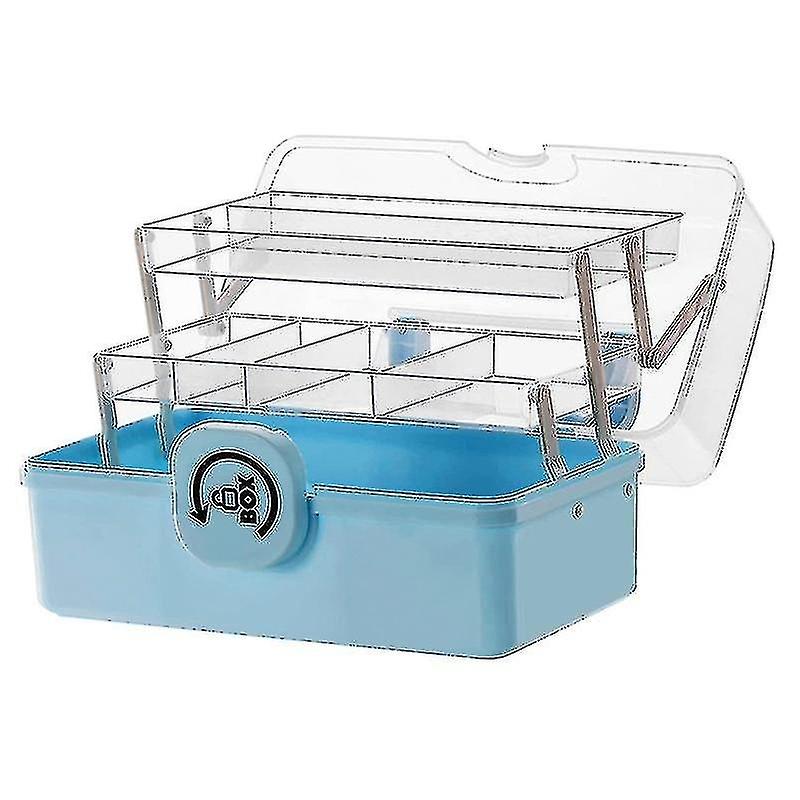 Plastic storage box with three-level folding tray, 29 X 16 X 15.7 cm, blue