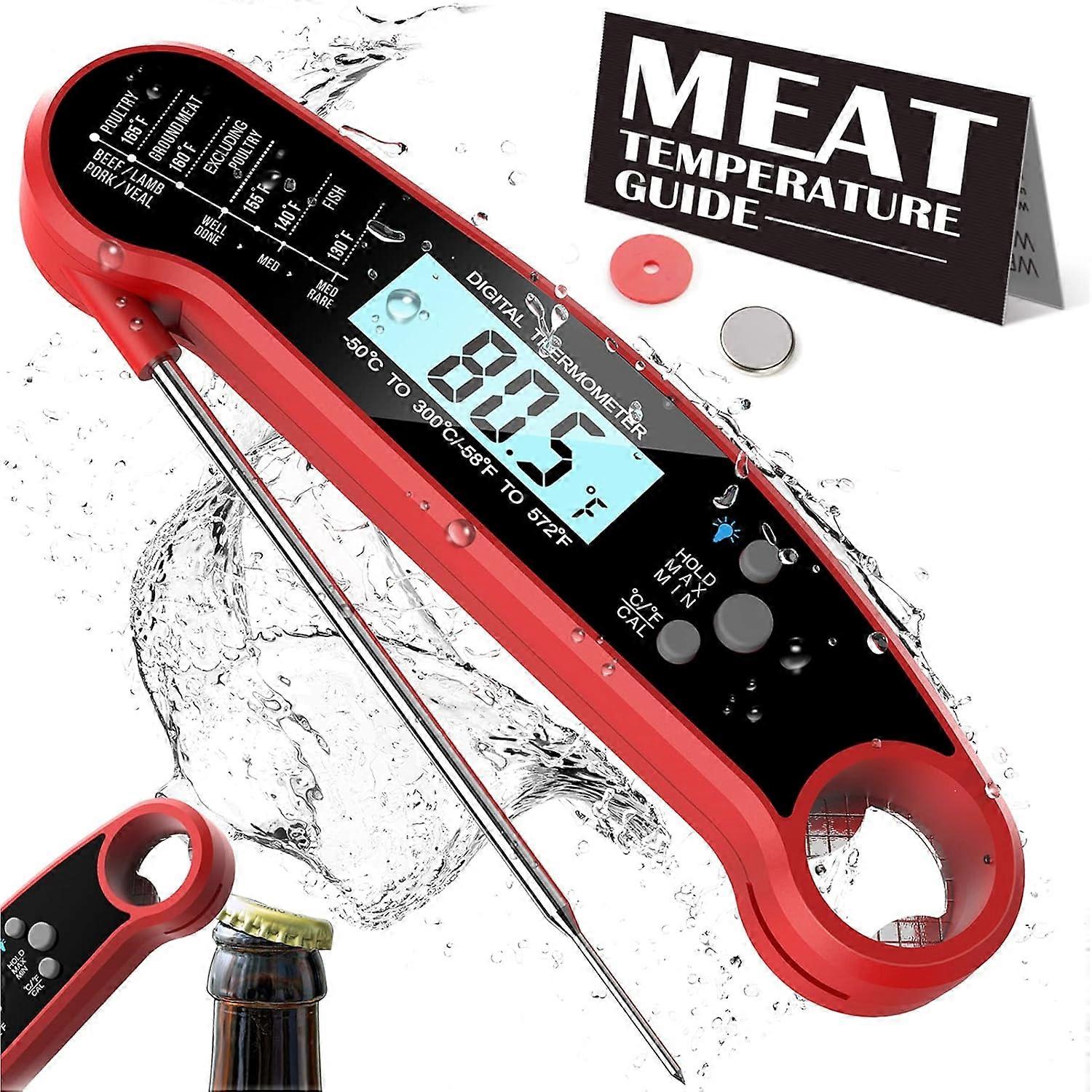 グリル用肉用温度計 - バーベキューとキッチン用のデジタルインスタントリードワイヤレスクッキング温度計 - 超高速デジタル食品温度計 - 赤
