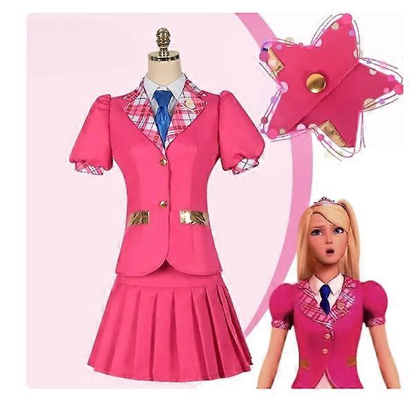 Vestito Principessa Barbie Rosa A Quadri - Costume Carnevale Con Accessori