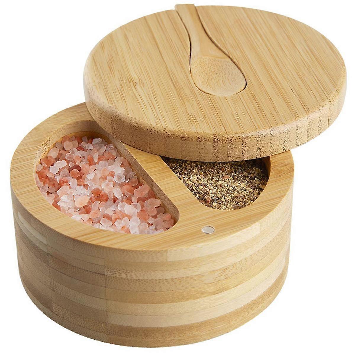 Seasoning Box with Swivel Lid Bamboo Salt Cellar with Lid and Spoon, 2-Compartment Salt Pepper Bowl