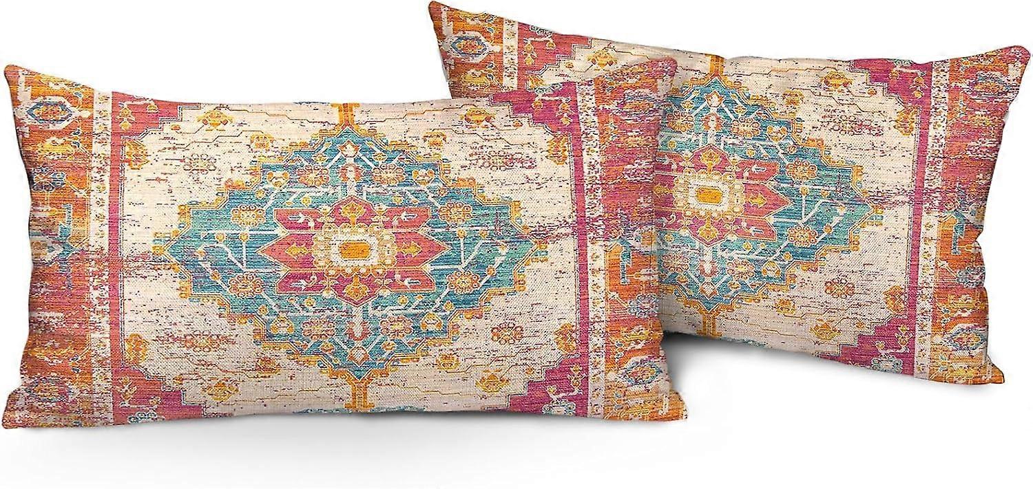 Boho povlaky na polštáře 12"x20" Sada 2 Monaco Red Bohemian Carpet Double Sided Pattern Linen Pillowcases Polštářový obal pro dekoraci venkovské pohovky na gauči