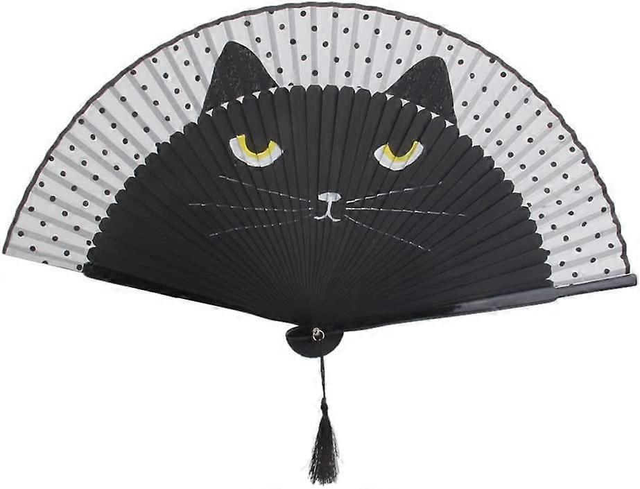 Silk Bamboo Folding Fan with Cat Pattern Hand Fan
