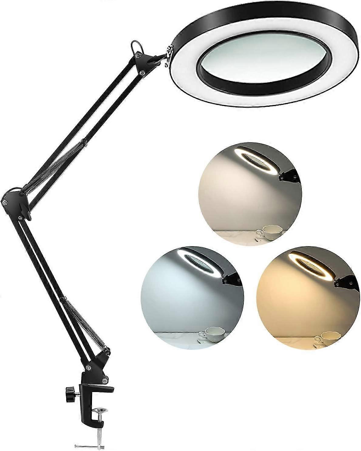 Led Magnifying Lamp With Clamp, 1,500 Lumens Stepless Dimmable, 3 Color Modes, 5-diopter 4.3 Real Glass Lens, Adjustable Swivel Arm Lighted Magnifier