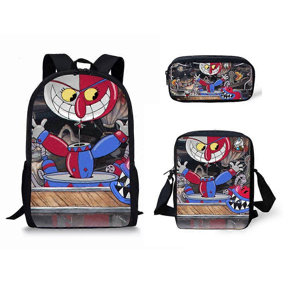 Creative Fashion Cuphead Pattern 3D Print 3pcs/Set pupil School Bags Laptop Daypack Backpack Inclined shoulder bag Pencil Case
