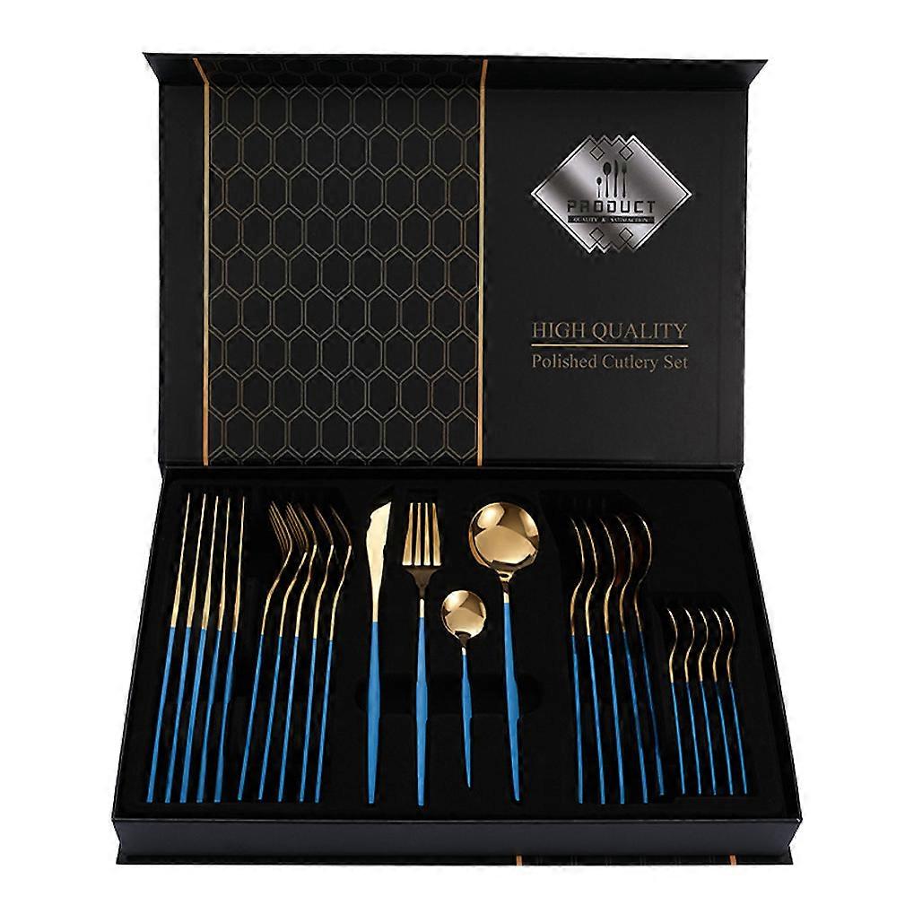 24pcs Cutlery Set Tableware Flatware Forks Knives Spoons Painted Blue