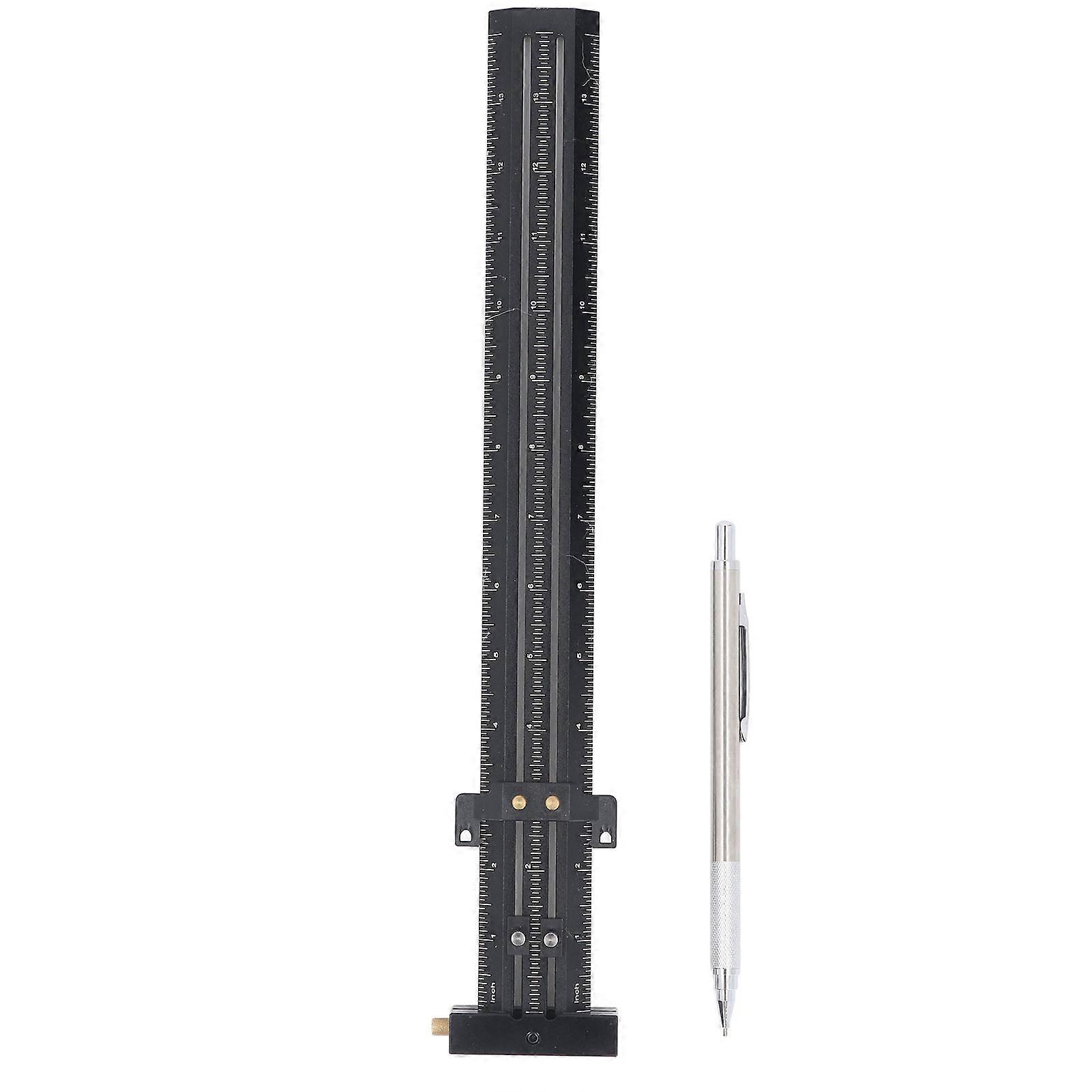 T Type Scribing Ruler Aluminum Alloy Multifunctional Portable Woodworking Ruler T Square with Pen for Construction Drawing Imperial Black
