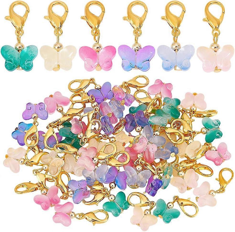 Glass Pendant Decorations with Alloy Lobster Claw Clasps Butterfly Mixed Color 30mm 60pcs/set