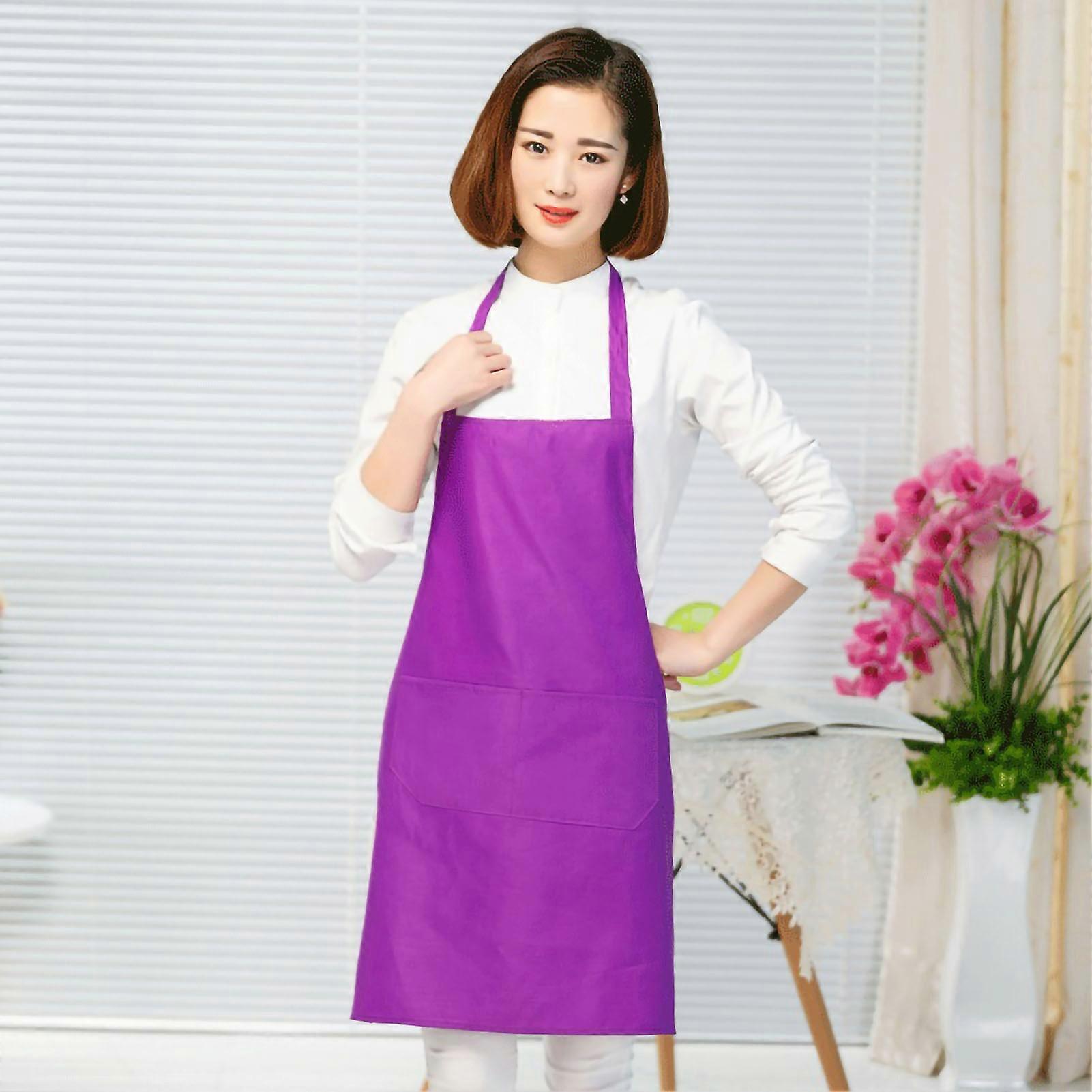 Kitchen Apron Solid Color Dual Pockets Back Strap Soft Polyester Chef Apron for Household Purple