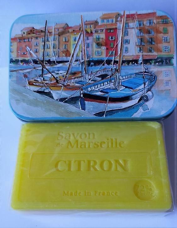 Metal soap tin with print Bateaux with Marseille soap Lemon 100 grams