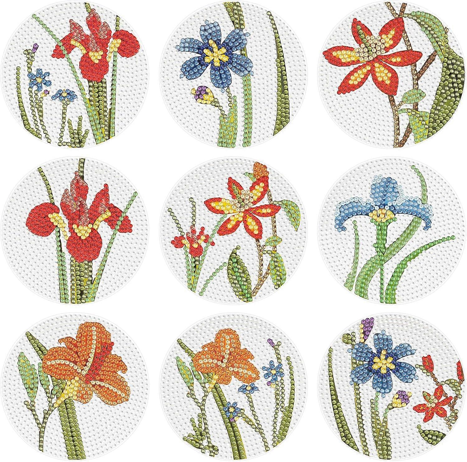 Floral Diamond Art Coasters Set of 9 with Holder, Creative Crafting Projects, Decorative Drink Coasters, Colorful Design