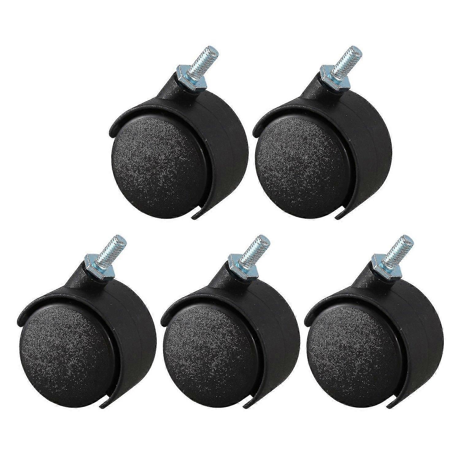 5pcs 6mm Threaded Stem 40mm Dual Wheel Rotatable Caster Black