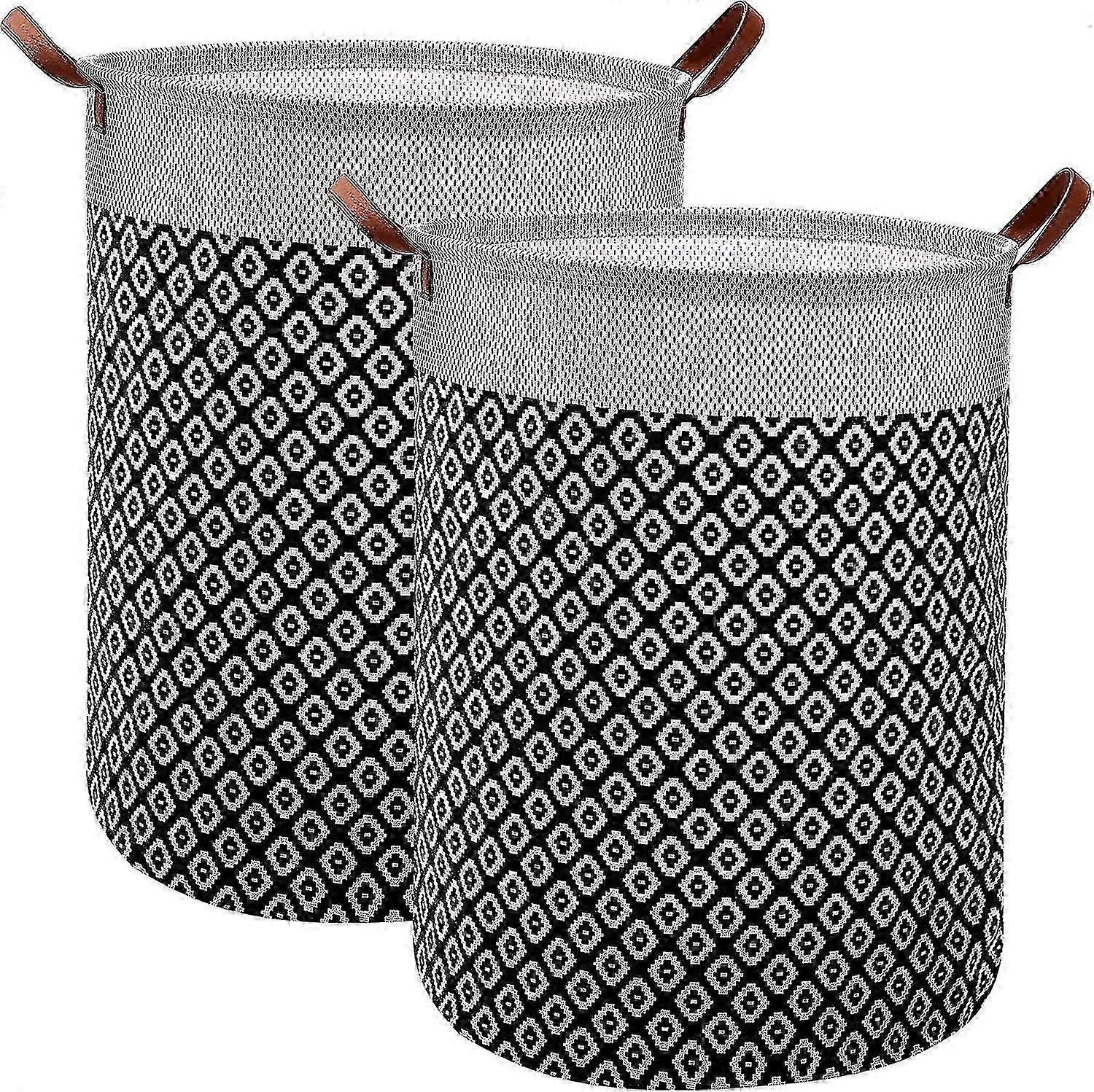 Laundry Hamper Set Of 2 Large Laundry Hamper, Waterproof Clothes Hamper, Bohemia Foldable Round Storage Organizer With Leather Handles For Dirty Cloth